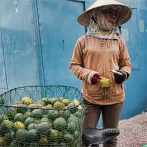 A woman sells green oranges at the local market